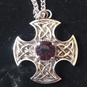Vintage Scottish CJ Celtic cross necklace with amethyst color stone